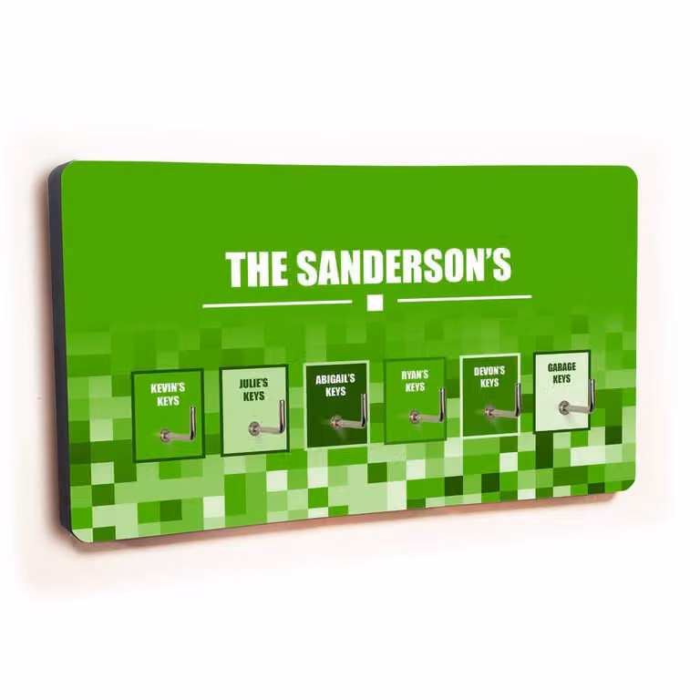 Uniqueful Personalised Green Squares 6 Hook Wall Mounted Key Holder, Width: 100 cm