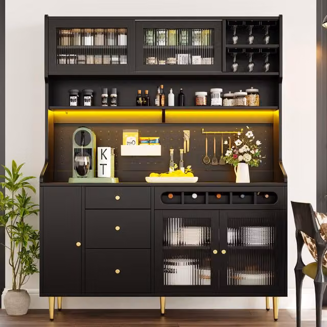 Aosom UK Modern Black Freestanding Highboard with LED Lighting, Adjustable Shelves and Pull-Out Wine Rack, W: 39 cm, D: 39 cm, H: 171 cm
