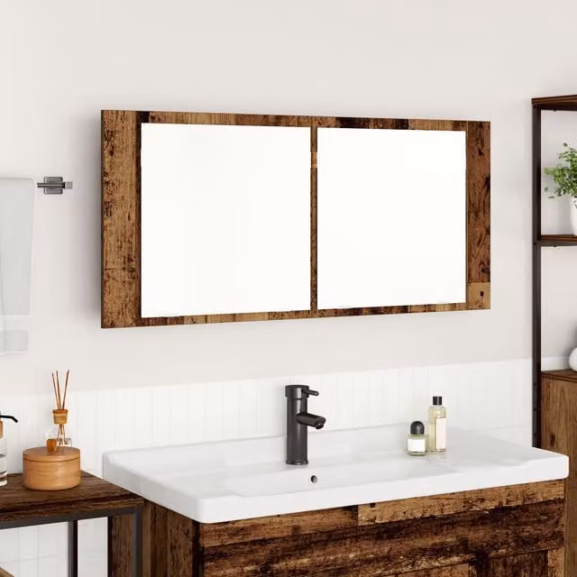 Berkfield Home LED Mirror Cabinet in Old Wood Brown, W/D/H: 100 x 12 x 45 cm