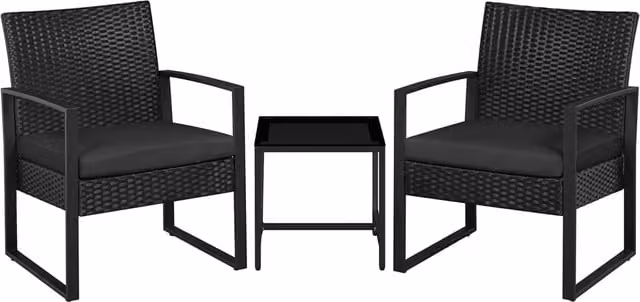 Yaheetech 3 Piece Modern Rattan Patio Bistro Furniture Set with Glass Table in Black