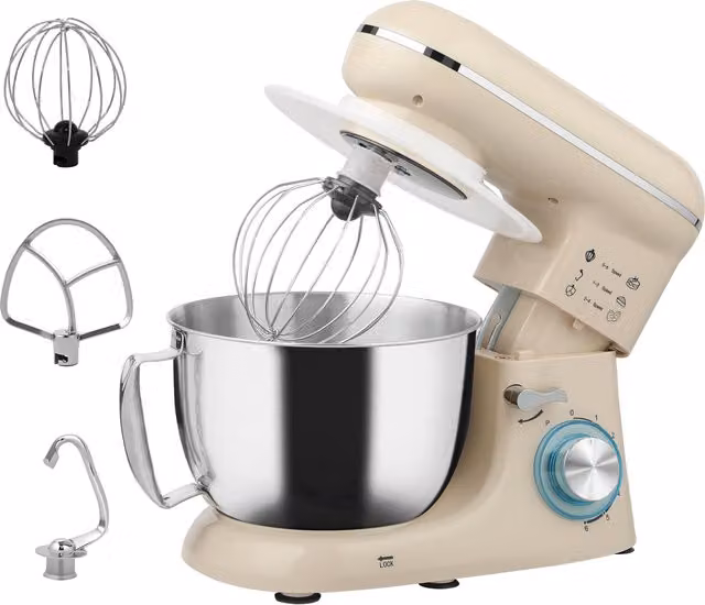 HOMCOM 1300W Kitchen Stand Mixer with Accessories in Beige