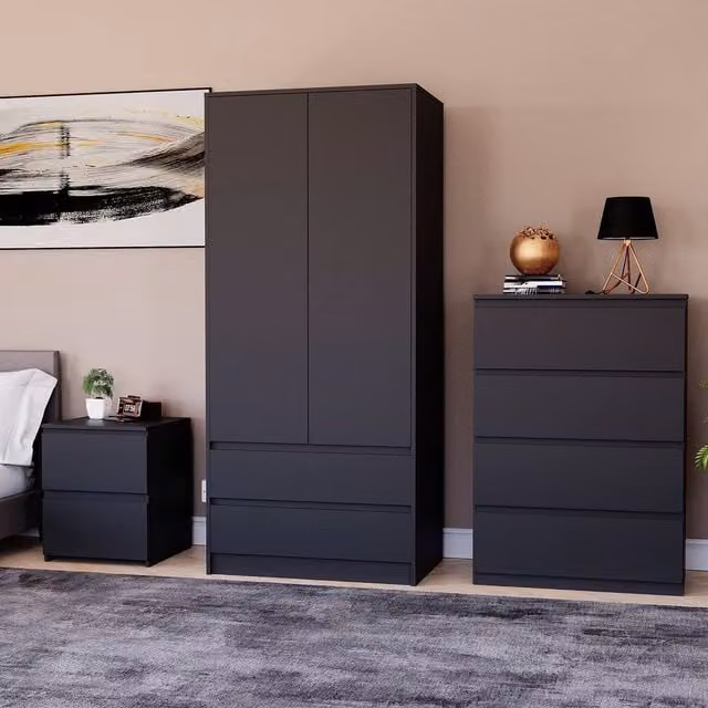 Vida Designs Modern Black Bedroom Set with Wardrobe, Chest of Drawers and Nightstands