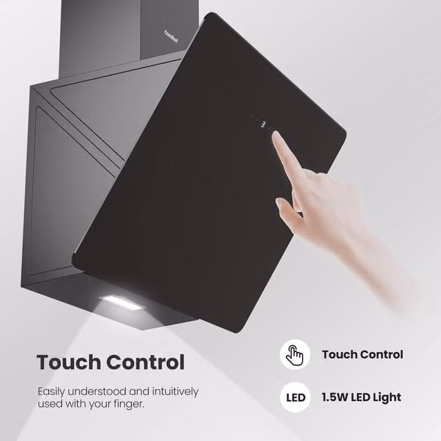 Livingandhome Black Angled Wall Mounted Extractor Hood with LED Touch Screen and Ducting System, Width: 60 cm