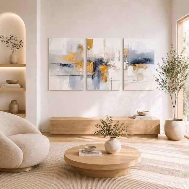 Mafett Abstract Blue Gold and Beige Modern Canvas Wall Art Triptych Set of 3