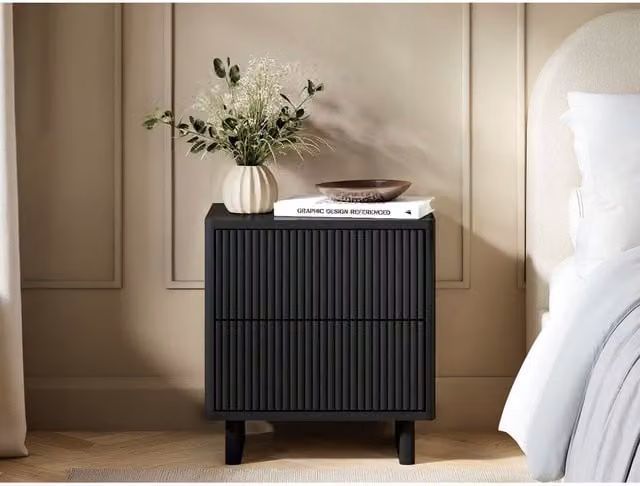 Solace+Co Velmor 2 Drawer Ribbed Bedside Table in Black, W/D/H: 39.5 x 39.5 x 54.5 cm