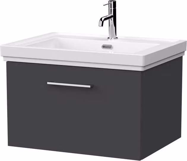 Balterley Pershall Modern Wall Mounted 1 Drawer Vanity Unit and White Fireclay Basin, Dark Grey, W: 60 cm