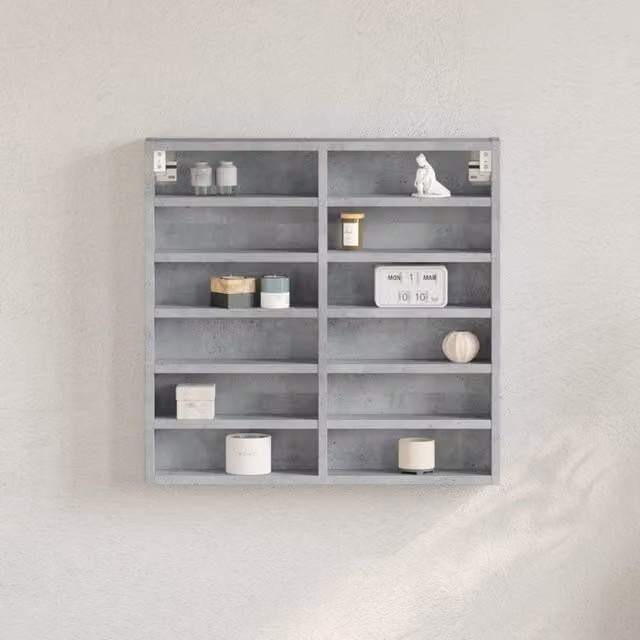 Berkfield Home Modern Wall Mounted Vitrine Cabinet in Concrete Grey with Glass Doors and Internal Shelves, W/D/H: 58 x 8.5 x 58 cm