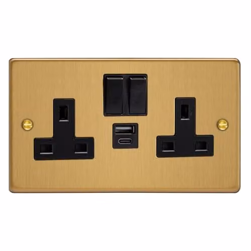 Varilight Double Socket with 20W Shared USB A and C Charging Ports in Gold Brass