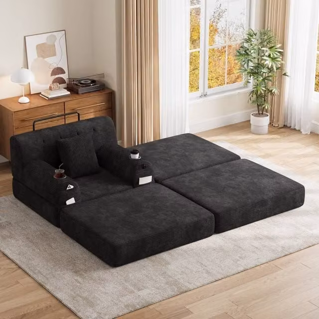 Direct Wicker Black Cord Convertible Sleeper Chair with Ottoman, Cup Holders and Side Pocket