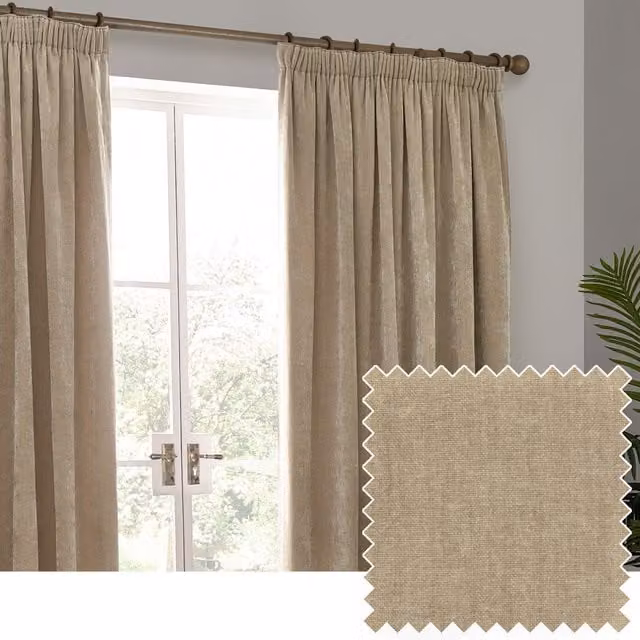 Make It A Home Heavy Chenille Velvet Pencil Pleat Curtains in Beige and Yellow, Height: 229 cm