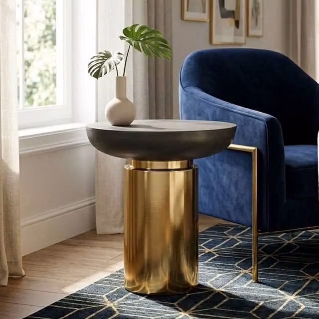 Orsina Black and Gold Round Metal Side Table with Central Column, W/D/H: 45 x 45 x 51 cm