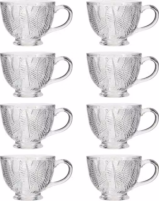 Dibor Set of 8 Vintage Embossed Botanical Glass Coffee Mugs, Transparent, 400ml per cup