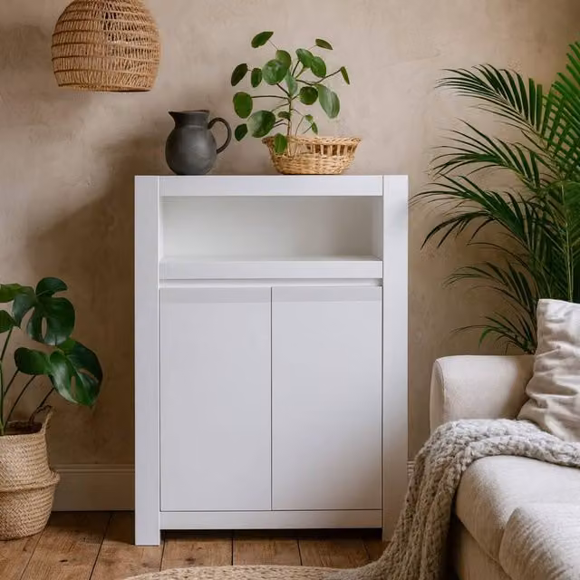 Wyld Haus Vienna White Wooden 2 Door Storage Cabinet with Open Shelf and Internal Shelves, W/D/H: 92 x 42.2 x 133 cm