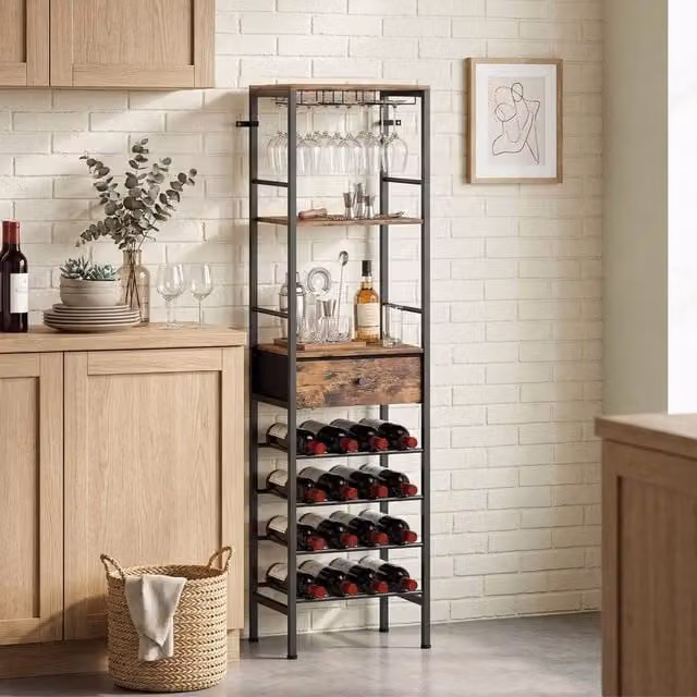 EONLION Brown Industrial Wine Bar Cabinet with Glass Doors, Bottle Rack and Internal Drawers, W/D/H: 100 x 29 x 148.5 cm
