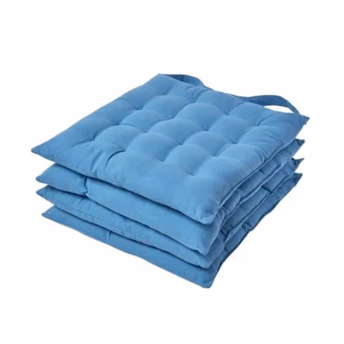 Homescapes Blue Quilted Cotton Seat Pads with Ties, Set of 4, W/D/H: 40 x 40 x 4 cm