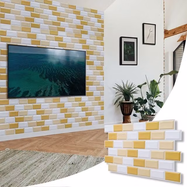 NOVECRAFTO White and Gold 3D PVC Wall Panels with Subway Tile Pattern, W: 96 cm, H: 48 cm