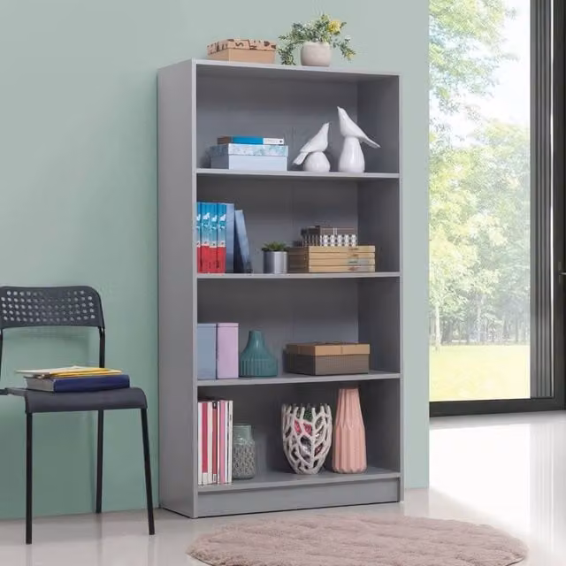 Timber Art Design 4 Tier Tall Bookcase and Display Shelving Unit in Light Grey, W: 80 cm, D: 30 cm, H: 150 cm