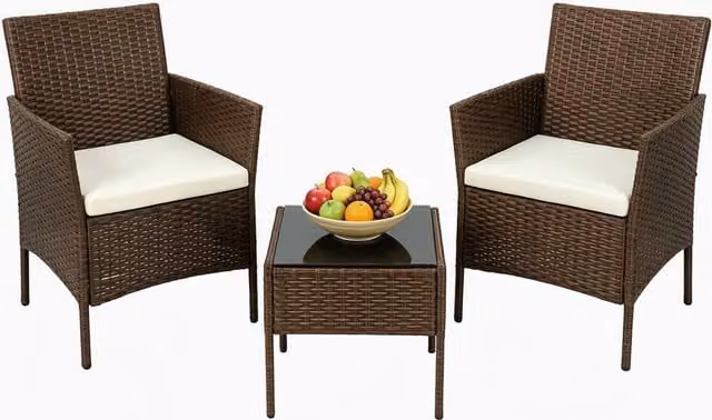 Alivio Modern Brown Polyrattan Bistro Set with 2 Lounge Armchairs, Cushions and Coffee Table