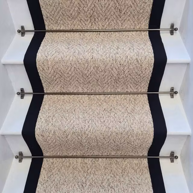 RainbowHome Herringbone Berber Beige Stair Runner with Black Cotton Border, W: 60 cm, L: 700 cm