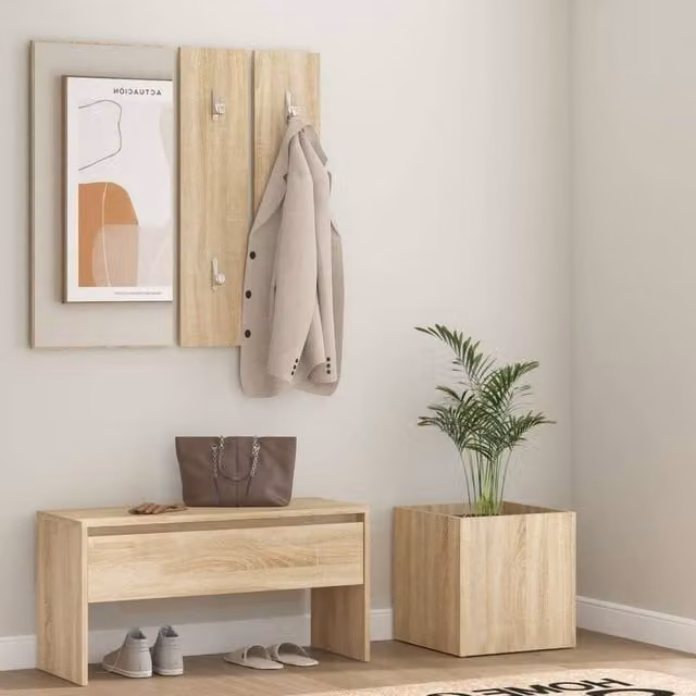 Berkfield Home Sonoma Oak Hallway Furniture Set in Beige with Bench, Mirror and Wall Rack