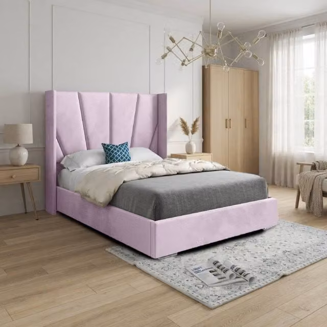 KDMD Glapthorn Small Double Wide Curved Designer Bed Frame in Pink Soft Velvet