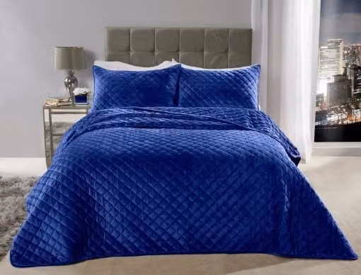 New Edge Blinds Banbury Blue Velvet Quilted Geometric Bedspread and Pillow Shams Set