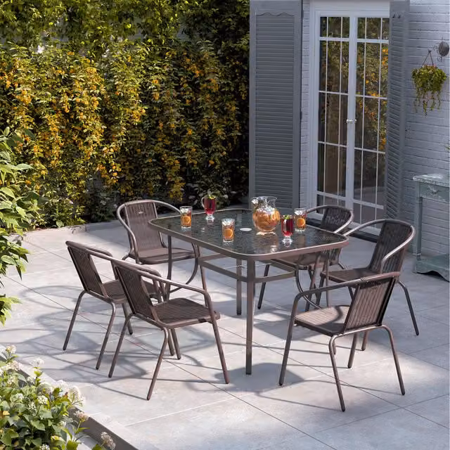 Livingandhome Brown Bistro Set with Rectangular Tempered Glass Table and 6 Stacking Metal Chairs