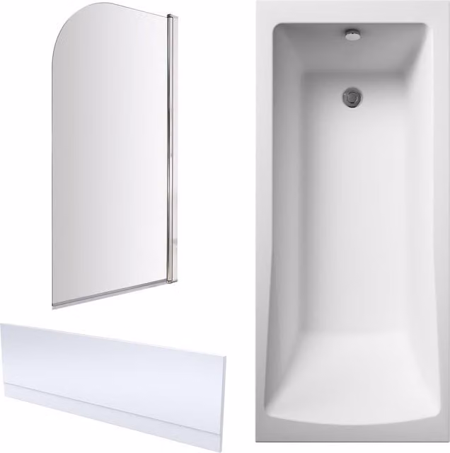 Balterley Square Single Ended Rectangular Bath with Apron and Chrome Round Corner Screen in White