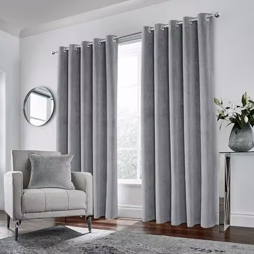 Enhanced Living Grey Velvet Blackout Thermal Eyelet Curtains, W: 168 cm, H: 137 cm