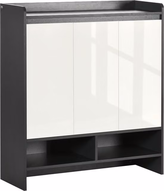 HOMCOM High Gloss Grey and White Shoe Cabinet with Hinged Doors and Open Shelves for 24 Pairs