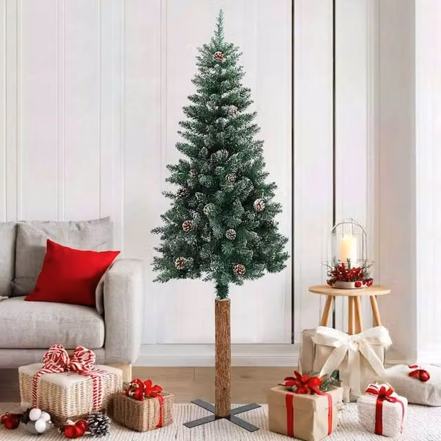 Berkfield Home Slim Christmas Tree with Real Wood and White Snow, Green, Height: 180 cm
