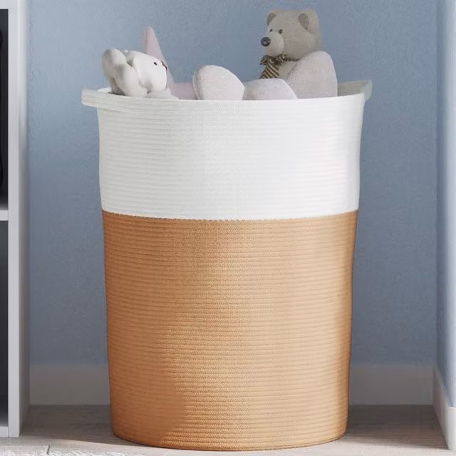 Berkfield Open Weave Cotton Storage Basket in Brown and White, W: 49 cm, H: 65 cm