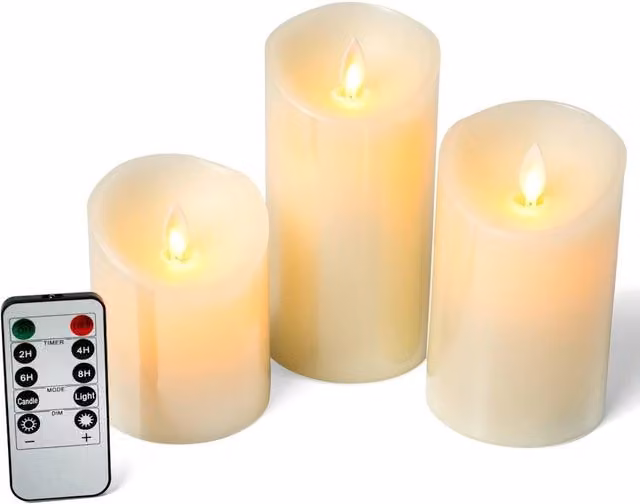 VOGREX 3 Pack White Real Wax LED Flickering Pillar Candles with Remote Control and Timer