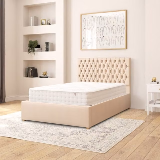 Aspire Monroe Upholstered Ottoman Storage Bed in Beige Kimiyo Linen Fabric, Small Double