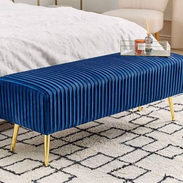 Wyld and Coco Blue Velvet Bench with Gold Metal Legs W: 118 cm, D: 40 cm, H: 40 cm