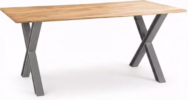 IH Design Natural Acacia Wood Live Edge Rectangular Dining Table in Tan and Grey with X-Frame Legs