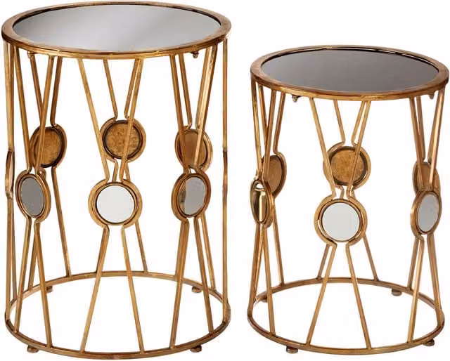 Orsina Set of 2 Elegant Round Nested Side Tables with X-Frame Design in Black and Gold