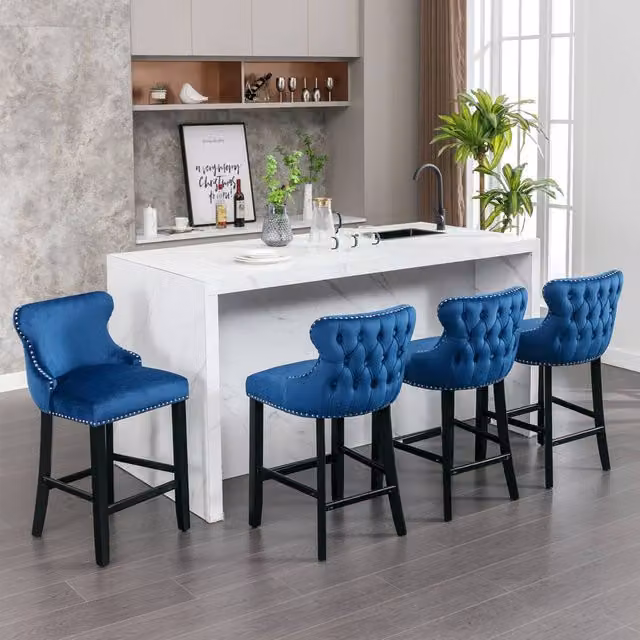 Modern Home Touch Set of 6 Blue Velvet Wing Back Bar Stools with Oak Wood Legs