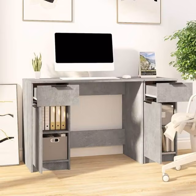 Berkfield Home Elegant Modern Desk with Side Cabinet in Concrete Grey Engineered Wood