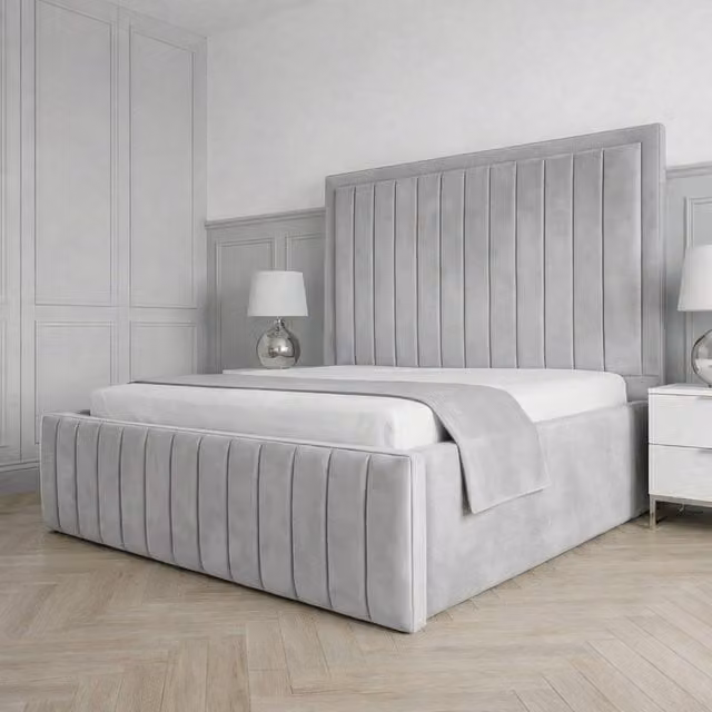 Living Comfort Bedz Sovereign Plush Velvet Upholstered Bed with Slatted Base and 48 Inch Headboard in Silver, Super King