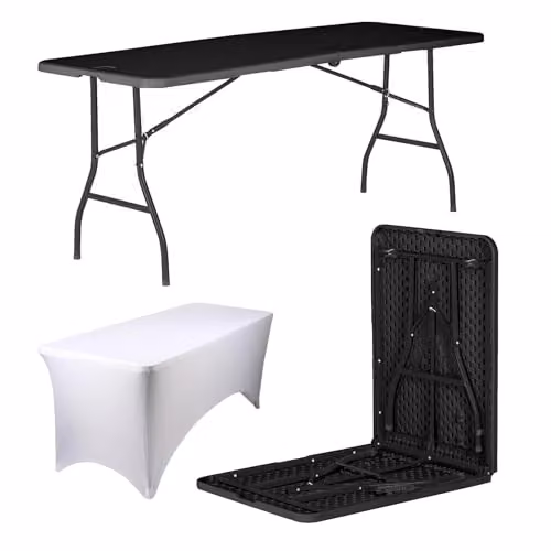 Harbour Housewares Folding Picnic Table with Fitted Tablecloth, Black and White, W: 180 cm, D: 70 cm, H: 73.5 cm