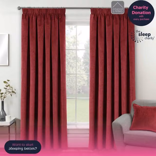 Enhanced Living Oxford Red Blackout Velvet Supersoft Pencil Pleat Tape Top Curtains, W: 183 cm, H: 229 cm