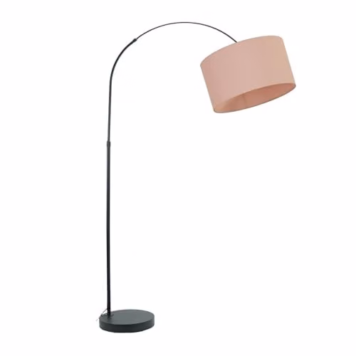 ValueLights Louis Black Metal Arched Floor Lamp with Dusty Pink Fabric Drum Shade
