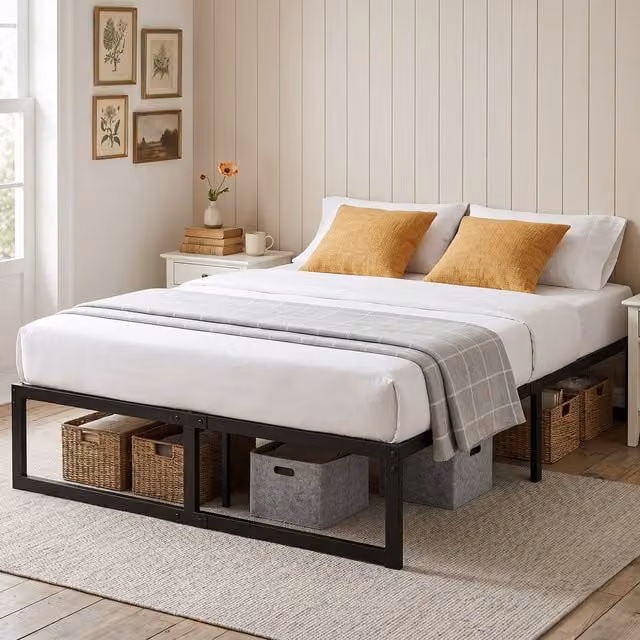 HOMCOM Black Metal Single Bed Frame with Underbed Side Compartment Storage