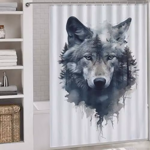 PAZZK Wolf Graphic Waterproof Polyester Shower Curtain with 12 Hooks, W: 168 cm, H: 183 cm