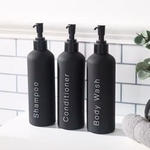 OHS 3 Pack Refillable Black Plastic Pump Bottle Dispensers for Shampoo, Conditioner and Soap