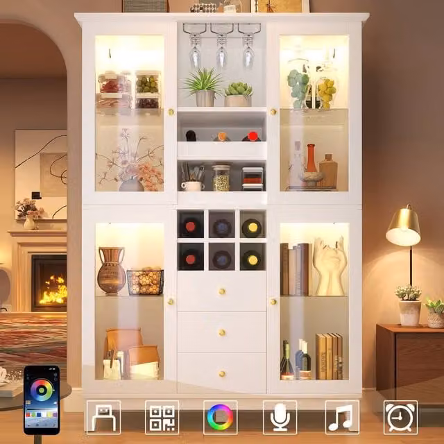 Rolipo Modern White Freestanding Wine Cabinet with Glass Doors and Integrated Lighting, Height: 180 cm