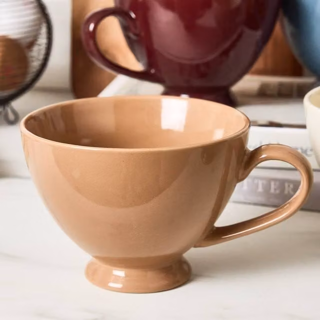 Dibor Montmartre Set of 4 Large Mocha Cream Ceramic Tea Cups and Coffee Mugs in Beige
