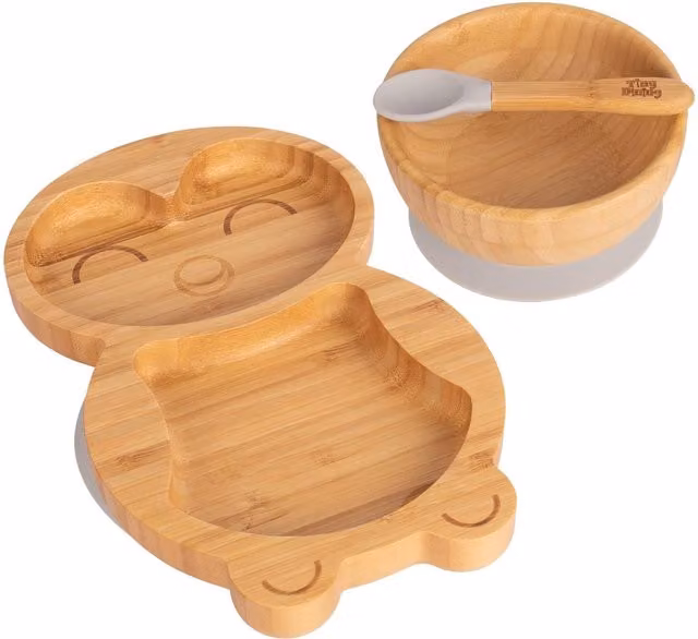 Tiny Dining 3pc Penguin Bamboo and Silicone Suction Feeding Set in Grey and Brown