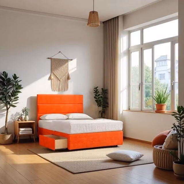 Knight Sleep York Hybrid Sprung Orthopaedic Bed Set with Upholstered Headboard in Orange, Small Single